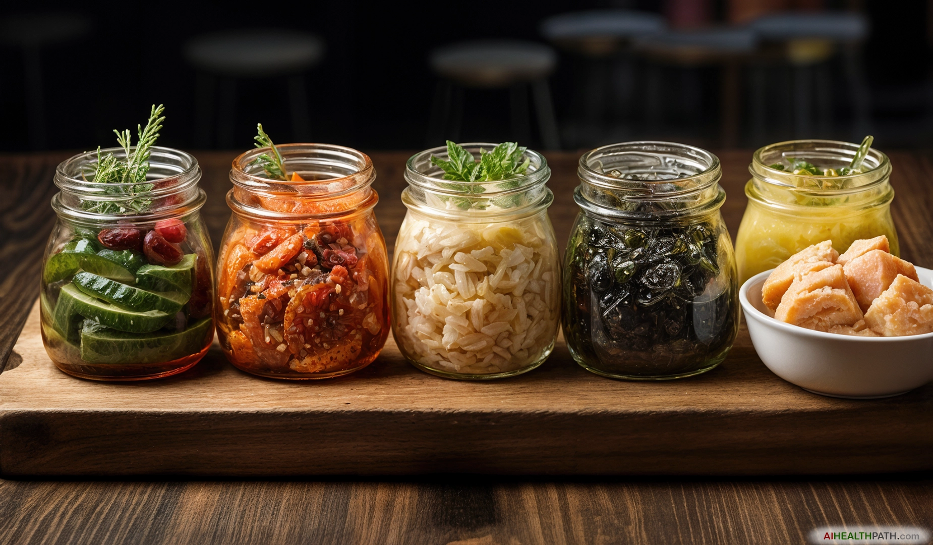 Five medium glass jars filled with fermented cucumbers, bell peppers, shredded sauerkraut, spinach, and pickled yellow vegetables, illustrating the gut‑health benefits of fermented foods