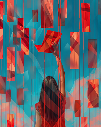 Young woman in a red dress stands before a wall covered with red sticky notes, adding another note to underscore the message’s importance